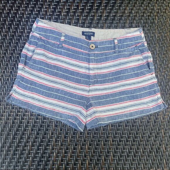 BRITISH KHAKI RED WHITE BLUE STRIPED LINEN SHORTS SIZE 2 - Picture 3 of 9